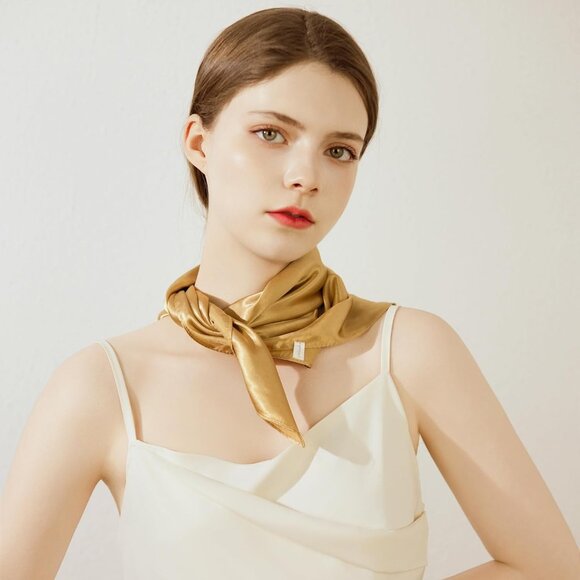 Versatile 23” Satin Scarf for Women - Elegant Gold Square Design for Daily Wear - Picture 4 of 6